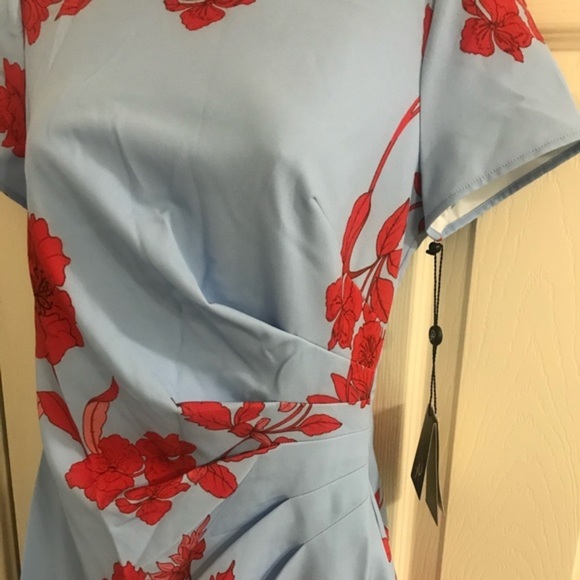 Adrianna‎ Papell pretty blue red roses asymmetrical flounce hem tulip Dress sz 2 - Picture 9 of 12